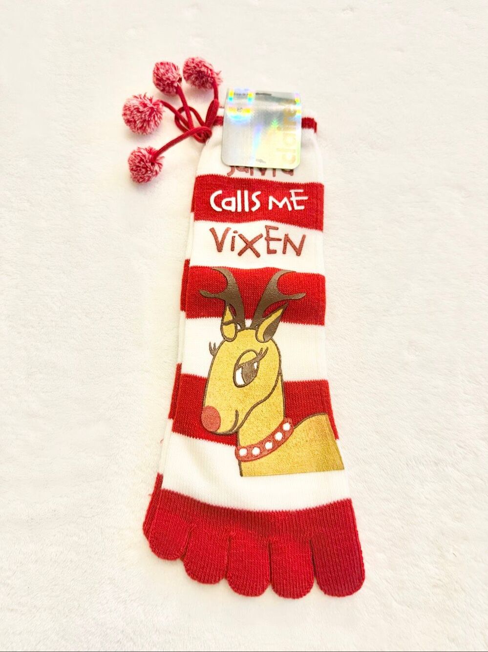 Christmas Reindeer Vixen Toe Socks Red White Striped Pom Pom Holiday Novelty